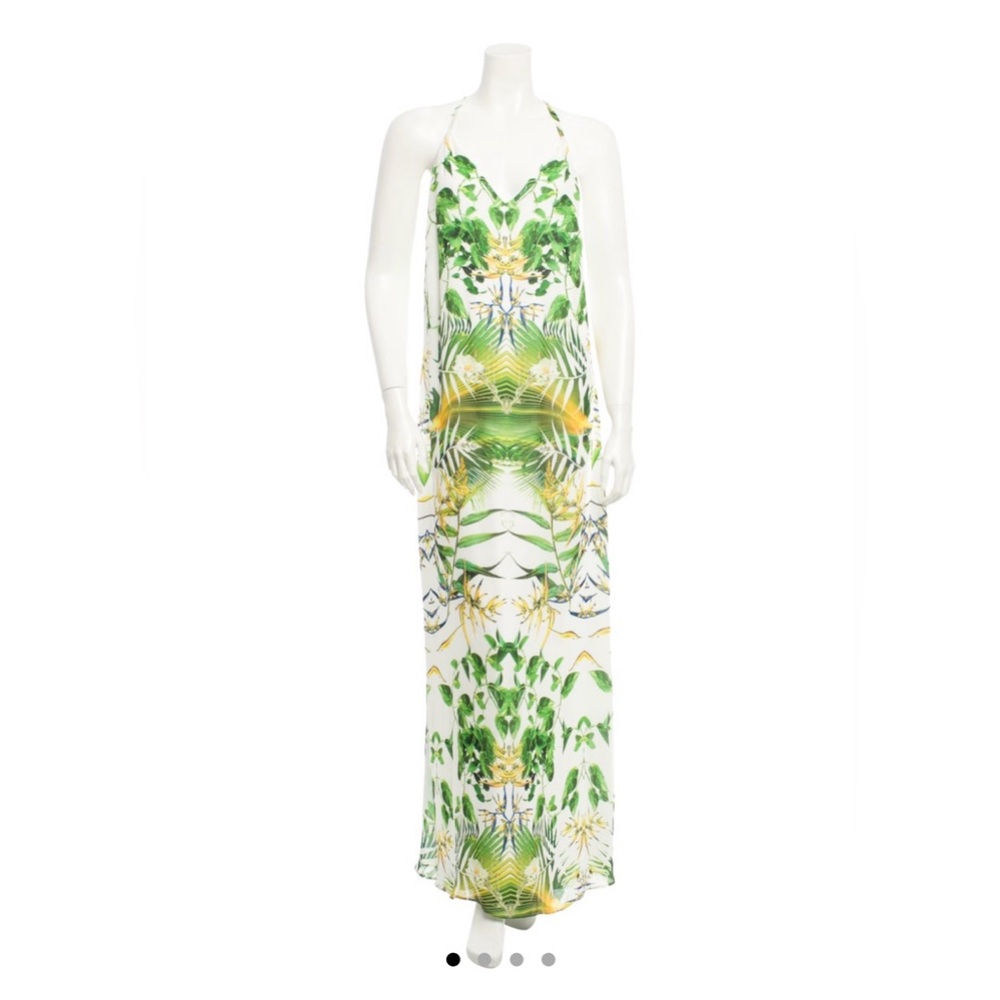 Alice + Olivia White and Green Maxi Dress with plunging V-neck & racerback.-L